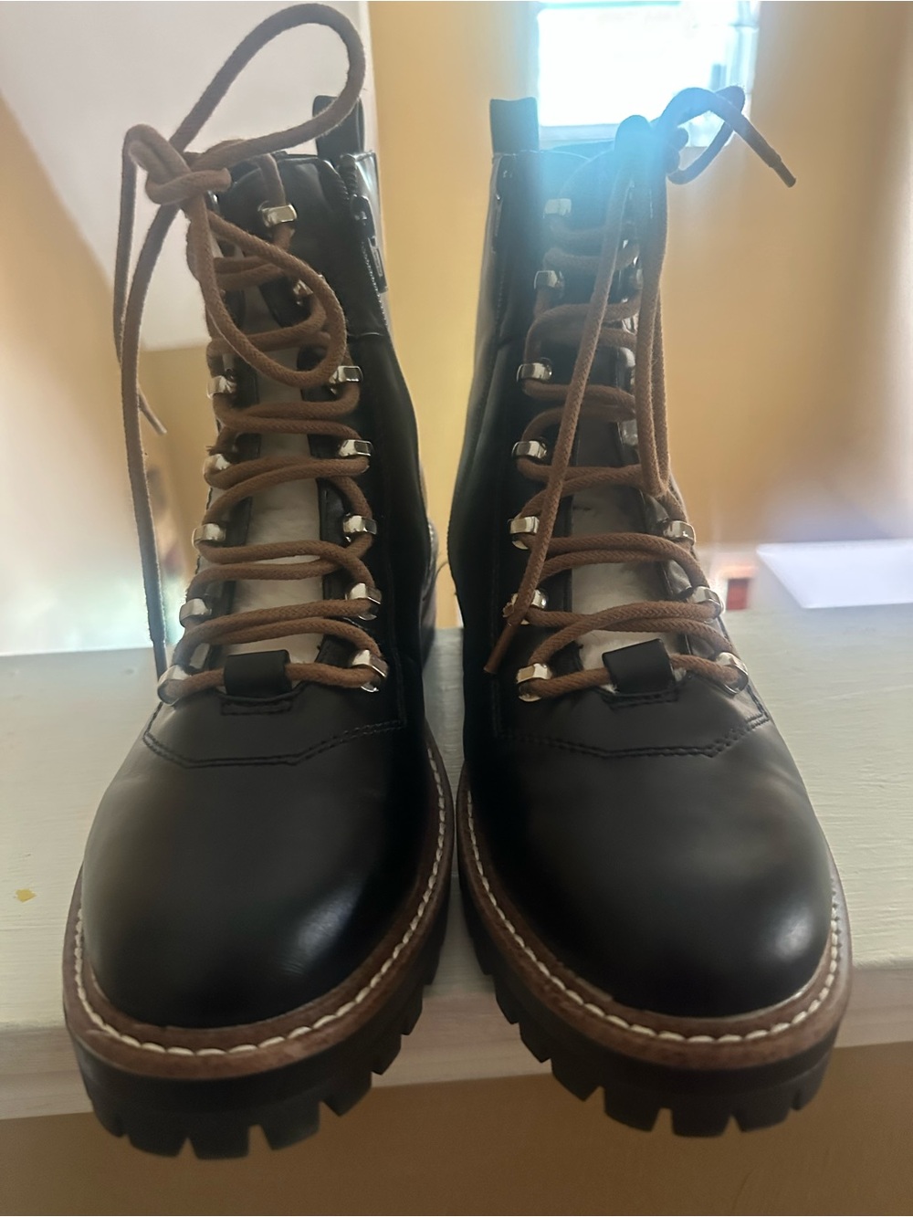 a new day Black Leather Lug Sole Hiker Ankle Boots with Brown Laces